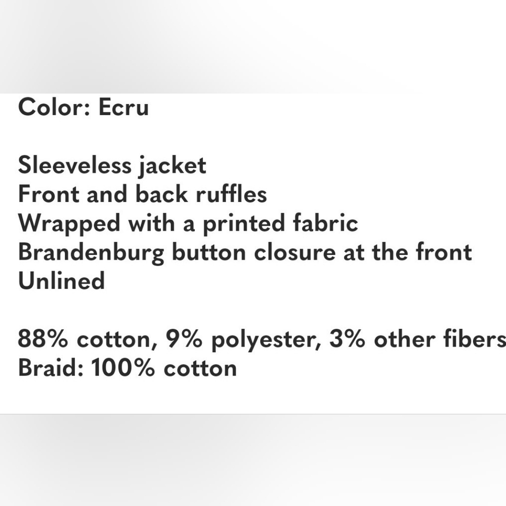 SÉZANE Kathleen Ruffle Toggle Front French Country Jacket Vest Ecru 40/8 NEW - Picture 12 of 12